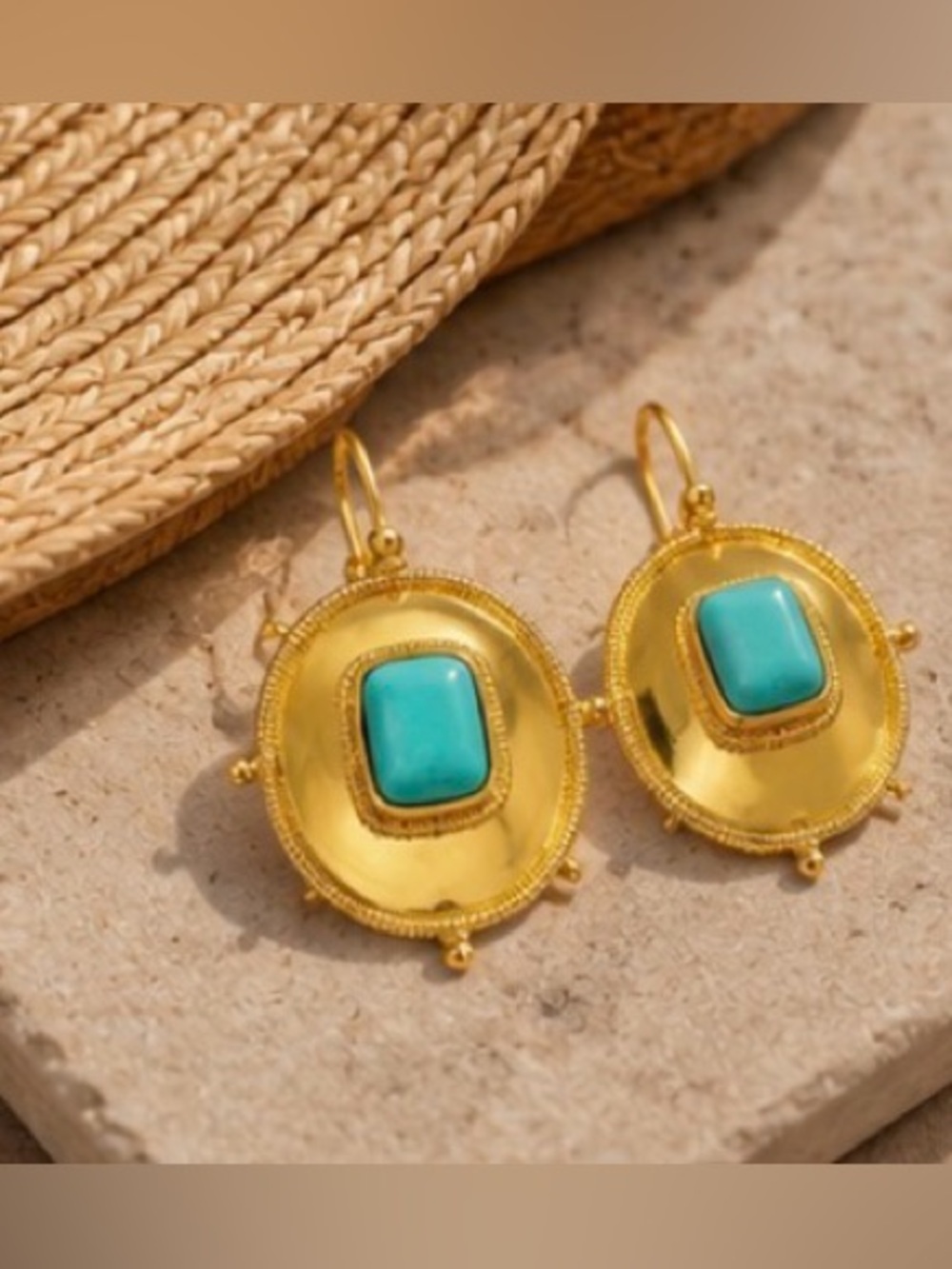 Elizabeth Locke Style Gold Turquoise Statement Earrings Luxury Resort Jewelry - Picture 5 of 6